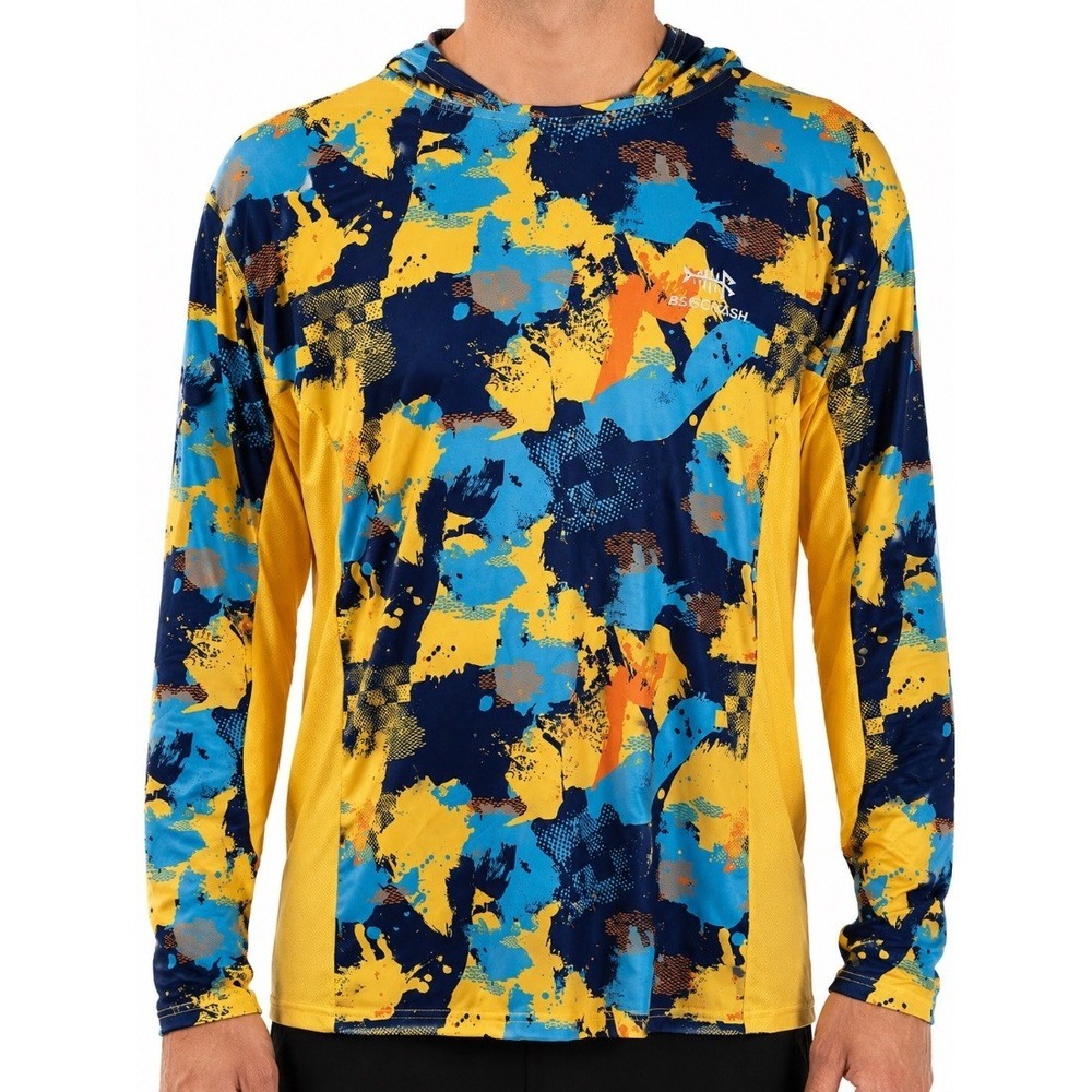 Bassdash Mens Fishing Sun Hoodie Shirt Blue Yellow Camo Print UPF Large